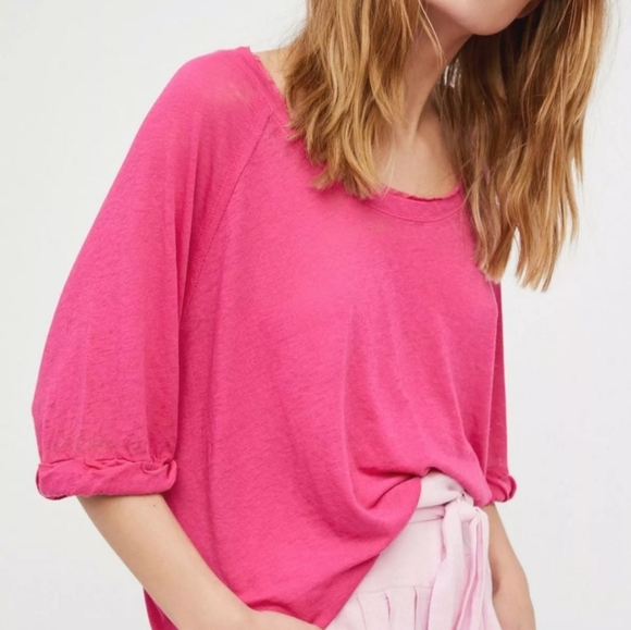 💖Free People Hot Fuschia PINK Shirt Sleeve wide neck off shoulder t-shirt New - Picture 1 of 5